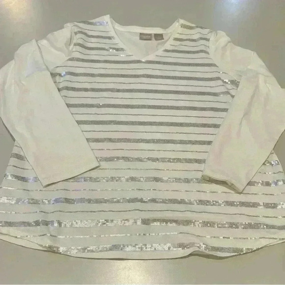 Chicos Sequined Stripe Knit Long Sleeve Shirt Size Medium Size 12 - Picture 1 of 5